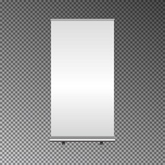 Blank Roll Up Banner Stand. Trade show booth white and blank. 3d vector illustration isolated on dark background. Template mockup for your design.
