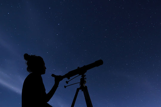 Woman with astronomical telescope. Starry night  Constellations, Ursa Major, Ursa Minor, Draco Starry night, Dark sky