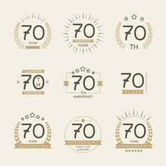Seventy years anniversary celebration logotype. 70th anniversary logo set.