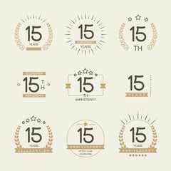 Fifteen years anniversary celebration logotype. 15th anniversary logo set.