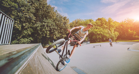 Boy jumping with his bmx in the park.