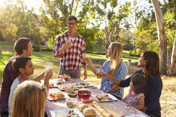 Two families making a toast at picnic at a table in a park