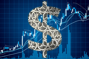 3D illustration , Fintech Investment Financial Internet Technology Concept ,Data analyzing in forex market trading . Dollar sign with gears and stock market chart technical background
