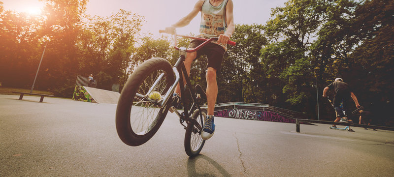 Boy Riding A Bmx In A Park.