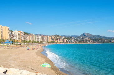 Malagueta Beach in Malaga. Andalusia, Spain - obrazy, fototapety, plakaty