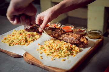 Cooking rice with meat