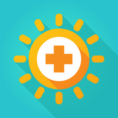 Obraz premium Long shadow bright sun icon with a round pharmacy sign