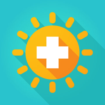 Long shadow bright sun icon with a pharmacy sign