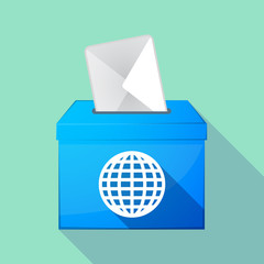 Long shadow coloured ballot box icon with a world globe