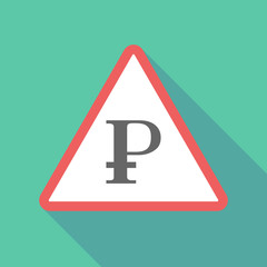 Long shadow triangular warning sign icon with a ruble sign