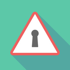 Long shadow triangular warning sign icon with a key hole
