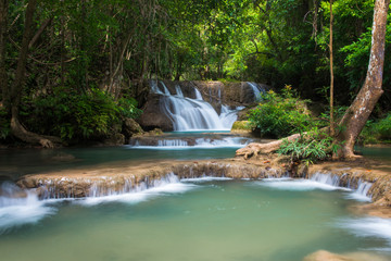 Green waterfall in deep forest, Erawan waterfall located Kanchanaburi Province, Thailand