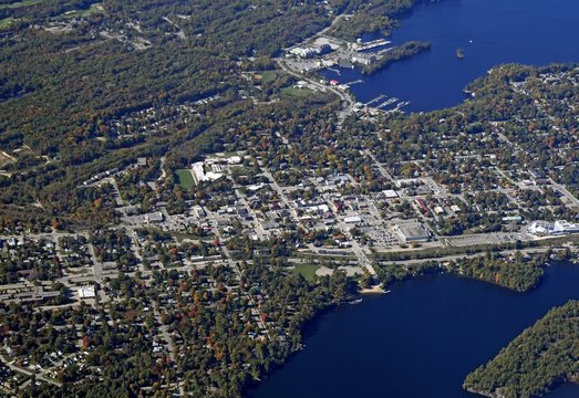  aerial view of  Gravenhurst in the Muskoka region of Ontario, Canada 