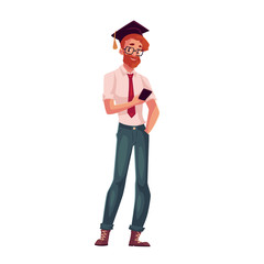 College, university student in glasses and graduation cap holding phone, cartoon style illustration isolated on white background. Male student in graduation cap, shirt and jeands playing with phone