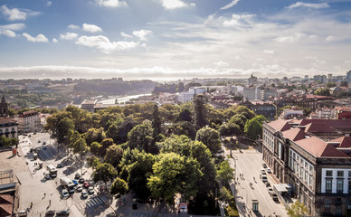 Roof view of a town at sunset