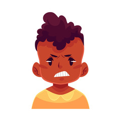 Little boy face, angry facial expression, cartoon vector illustrations isolated on white background. black male kid emoji face, feeling distresses, frustrated, sullen, upset. Angry face expression
