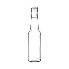 Bottle of cold beer, sketch style vector illustration isolated on white background. Hand drawn frosty bottle of ice cold beer, lager, ale, Oktoberfest symbol