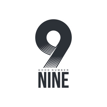 Black and white technological number nine logo, vector illustration isolated on white background. Black and white textured number nine graphic logotype for scientific and technological companies