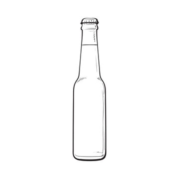 Bottle of cold beer, sketch style vector illustration isolated on white background. Hand drawn frosty bottle of ice cold beer, lager, ale, Oktoberfest symbol