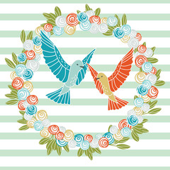 Stylish wreath made of flowers and pigeons + 1 line pattern