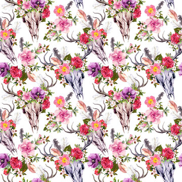 Deer skulls and flowers. Seamless pattern. Watercolor