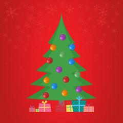 Christmas tree with balls and new year gifts. Snowflakes on a red background. Vector illustration.
