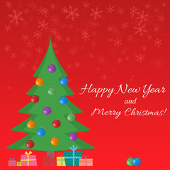 Christmas tree with balls and new year gifts. Snowflakes on a red background. Vector illustration.
