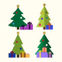 Christmas tree cartoon icons set. Green flat silhouette decoration trees signs isolated on white background. Symbol of holiday, winter, gifts, Christmas celebration, New Year Vector illustration