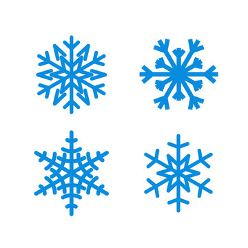 Snowflake icons set. Blue silhouette snowflakes signs, isolated on white background. Flat design. Symbol of winter, snow, Christmas, New Year holiday. Graphic element decoration Vector illustration