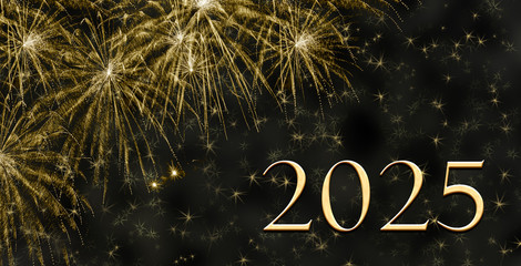 Hintergrund f&uuml;r Silvester 2025 mit goldenen Raketen und Sternen