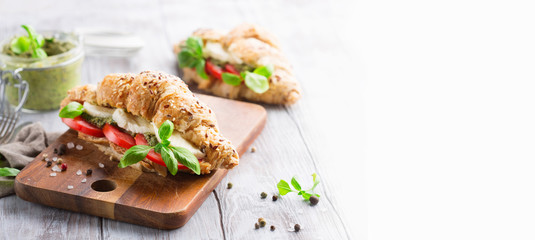 Fototapeta na wymiar Wholegrain croissants with mozzarella, tomato and pesto, white wooden background
