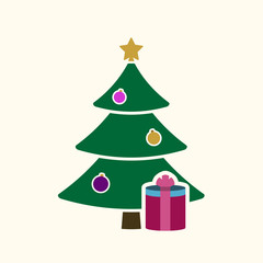 Christmas tree with balls, star, gift. Cartoon icon. Green silhouette decoration sign, isolated on white background. Flat design. Symbol holiday, Christmas, New Year celebration Vector illustration