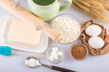 Ingredients for the dough. On a light background.