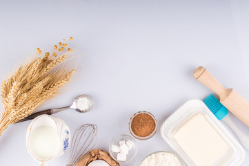 Ingredients for the dough. On a light background.Top view. Flat lay.