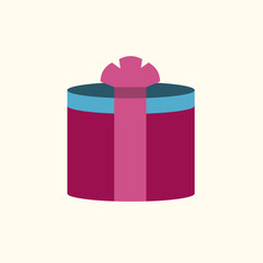 Christmas gift with ribbon icon. Giftbox color sign decoration, isolated on white background. Flat design. Symbol New Year celebration, presents, surprise, Merry Xmas, holiday Vector illustration