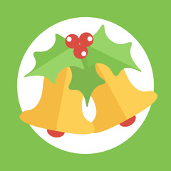 Cute colorful flat design christmas bell and mistletoe icon. 