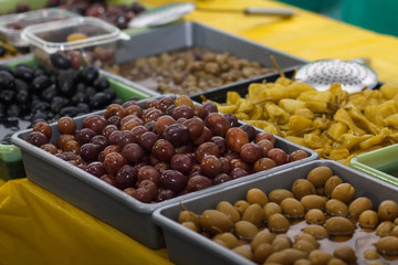 Olives and pickles on the counter close-up. Food