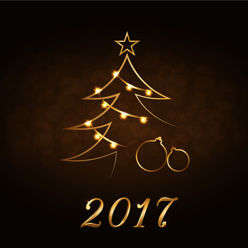 Happy New Year and Merry Christmas celebration background, gold numbers 2017, Xmas balls. Decorative golden bauble, star. Sketch for card, greeting. Light holiday decoration. Vector illustration