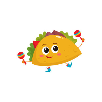 Smiling big eyed taco dancing and playing Mexican maracas, cartoon vector illustration isolated on white background. Humanized Mexican taco in cowboy boots playing shakers and having fun