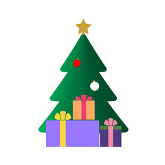 Christmas tree with balls, star, gift. Cartoon icon. Green silhouette decoration sign, isolated on white background. Flat design. Symbol holiday, Christmas, New Year celebration Vector illustration