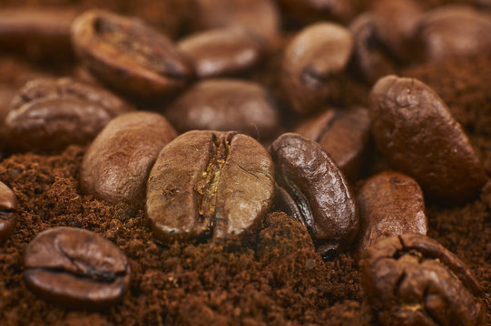 Close Up Of Coffee Beans Over Grained Coffee © mkphotography