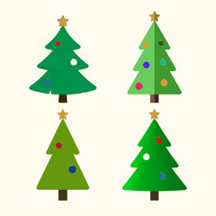 Christmas tree cartoon icons set. Green silhouette decoration trees signs, isolated on white background. Flat design. Symbol of holiday, winter, Christmas celebration, New Year Vector illustration