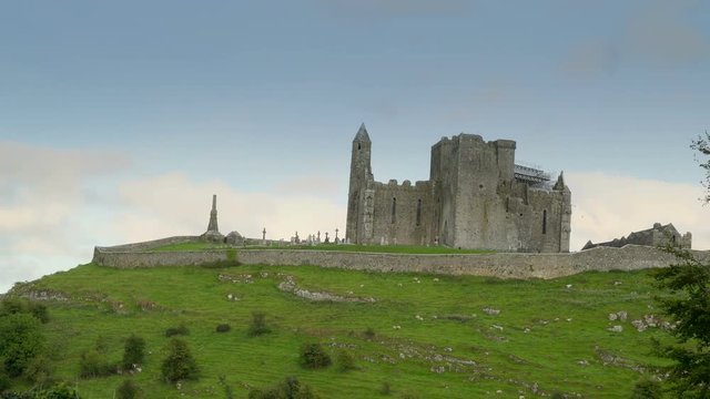 The Rock of Cashel on a hill in Ireland. The Rock of Cashel was the traditional seat of the kings of Munster for several hundred years prior to the Norman invasion.