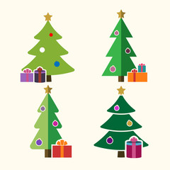 Christmas tree cartoon icons set. Green flat silhouette decoration trees signs isolated on white background. Symbol of holiday, winter, gifts, Christmas celebration, New Year Vector illustration