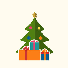 Christmas tree with balls, star, gift. Cartoon icon. Green silhouette decoration sign, isolated on white background. Flat design. Symbol holiday, Christmas, New Year celebration Vector illustration