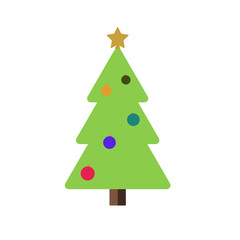 Christmas tree with balls, star. Cartoon icon. Green silhouette decoration sign, isolated on white background. Flat design. Symbol of holiday, Christmas, New Year celebration. Vector illustration
