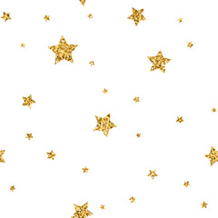 Stars seamless pattern gold and white retro background. Abstract bright golden design for wallpaper, christmas decoration, confetti, textile, wrapping. Symbol of holiday. Vector illustration