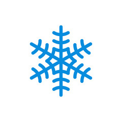 Snowflake icon. Blue silhouette snow flake sign, isolated on white background. Flat design. Symbol of winter, frozen, Christmas, New Year holiday. Graphic element decoration. Vector illustration