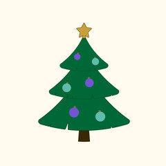 Christmas tree with balls, star. Cartoon icon. Green silhouette decoration sign, isolated on white background. Flat design. Symbol of holiday, Christmas, New Year celebration. Vector illustration