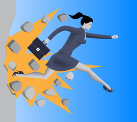 Breaking the wall business concept. Confident business woman in business suit with case runs and breaks the wall on her way to success. Motivation, determination, careerism, effectiveness.